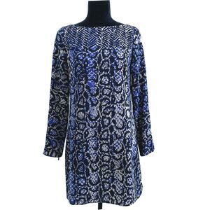 Tibi Dress‎ 2 Black Blue Beige Snake Print Silk Long Sl Keyhole Back Shift